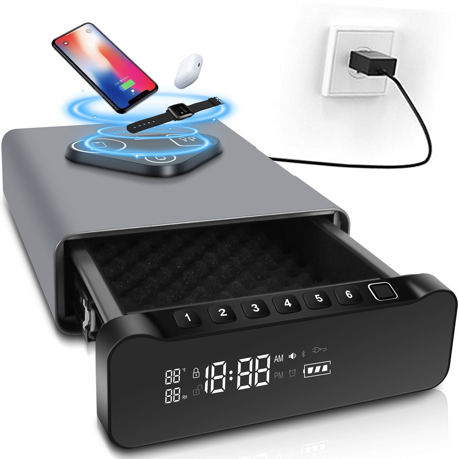New Arrivals! Biometric Drawer Handgun Safe, LCD Display with Time, Temp, Humidity, Wireless Charging - LADS005