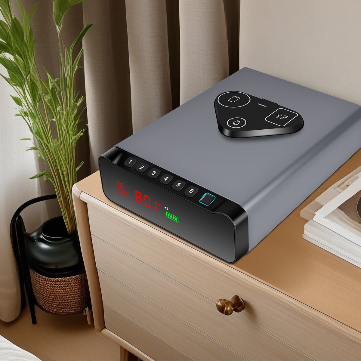 New! Biometric Drawer Handgun Safe, LCD Display with Time, Temp, Humidity, Wireless Charging - LADS005
