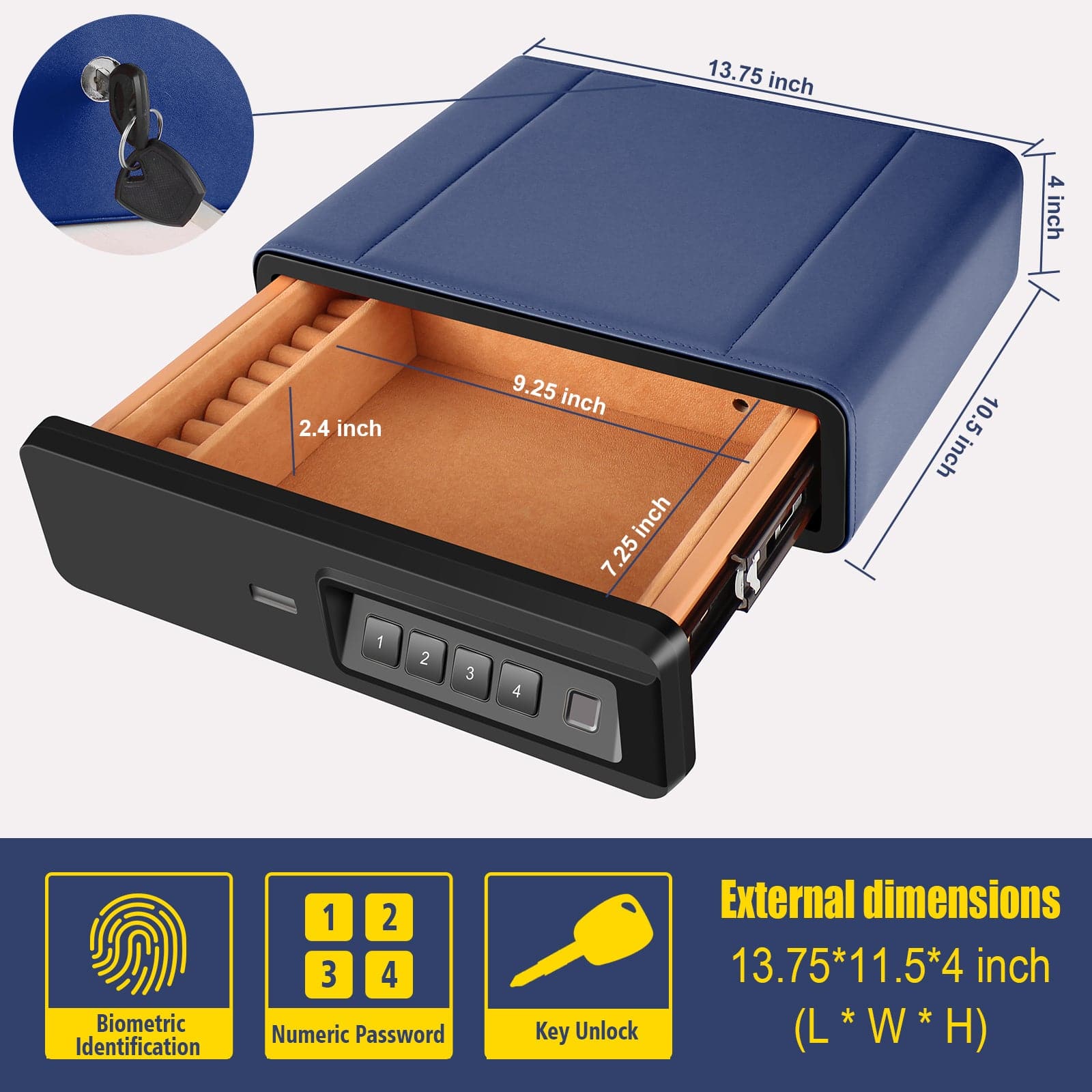 Biometric Drawer Handgun Safe, Blue Leather Wrapped - LADS003