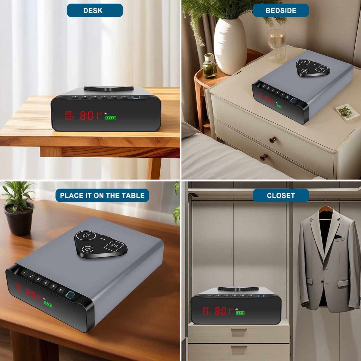 New! Biometric Drawer Handgun Safe, LCD Display with Time, Temp, Humidity, Wireless Charging - LADS005