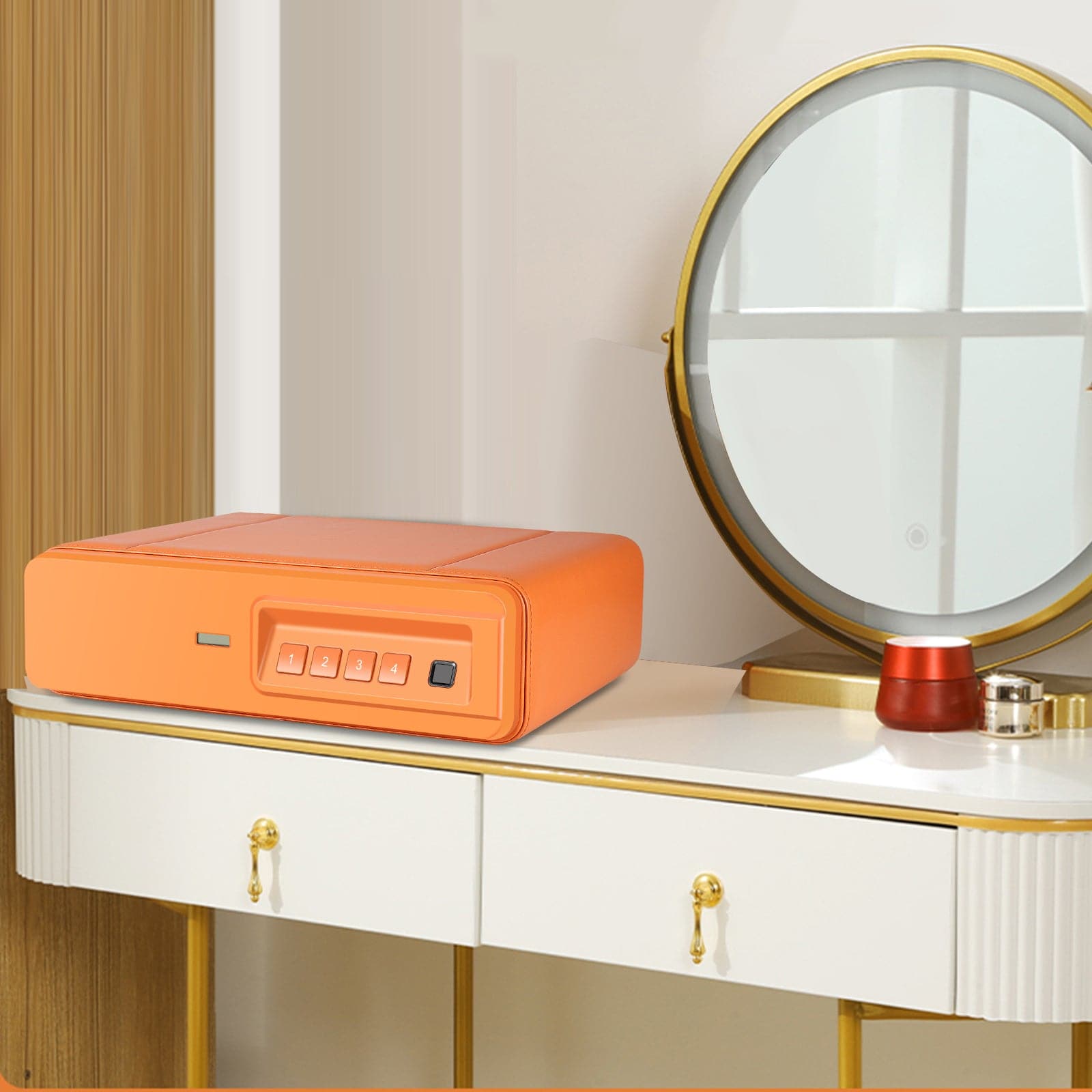Fingerprint Drawer Handgun Safe, Orange Leather Wrapped - LADS004