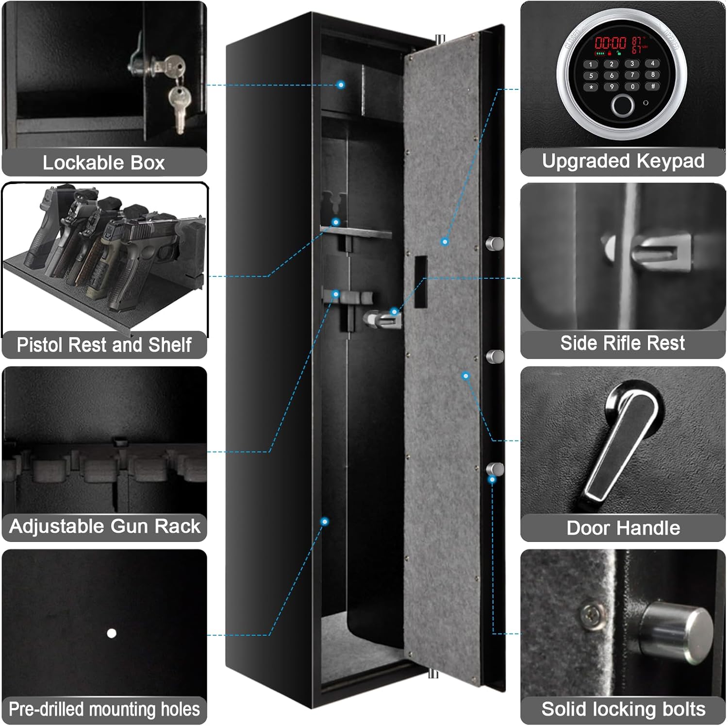 Biometric Rifle Safe with Time Temperature Humidity Display, 5 Long Gun Safe - LARS006