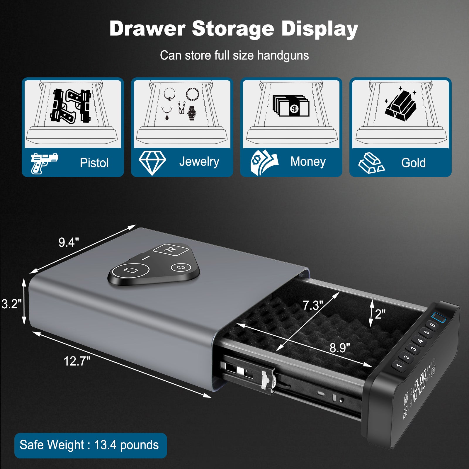 New Arrivals! Biometric Drawer Handgun Safe, LCD Display with Time, Temp, Humidity, Wireless Charging - LADS005