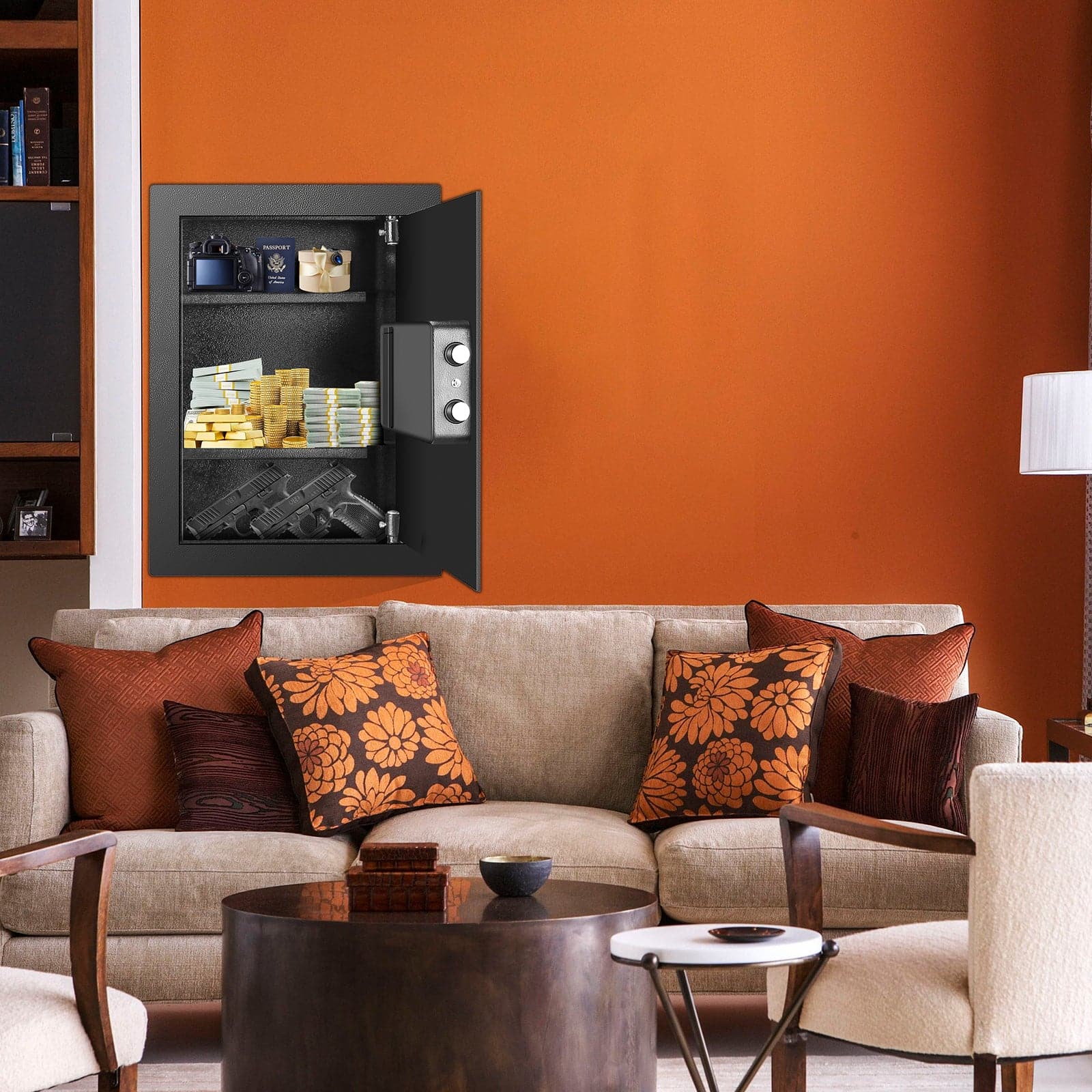 wall gun safe on a orange wall