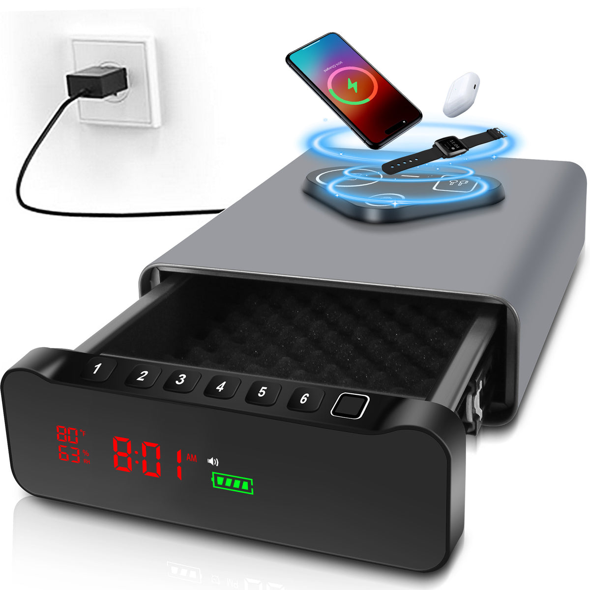 New! Biometric Drawer Handgun Safe, LCD Display with Time, Temp, Humidity, Wireless Charging - LADS005