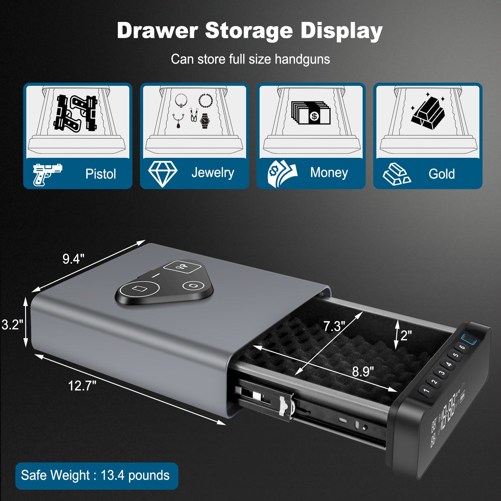 Biometric Drawer Handgun Safe, LCD Display with Time, Temp, Humidity, Wireless Charging - LADS005